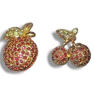 2 Vintage Aurora Borealis Rhinestone Fruit‎ Brooches Pins Apple & Cherries